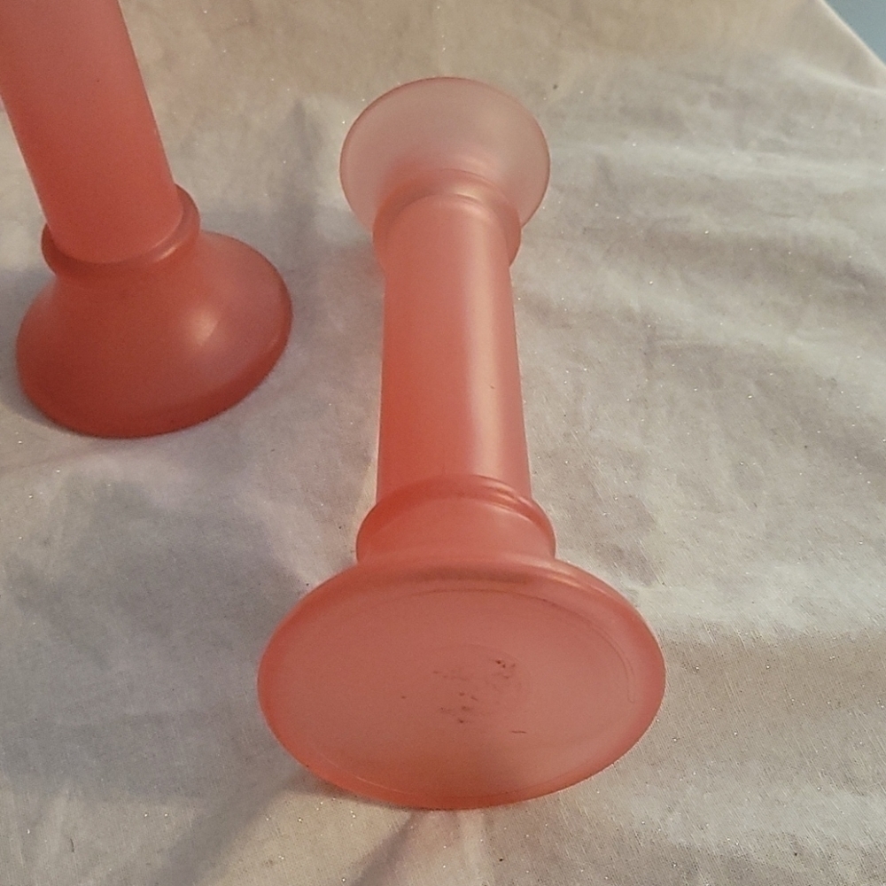 Vtg Frosted Pastel Pink Retro Modernist Glass Candle Stick Holders - Picture 3 of 4